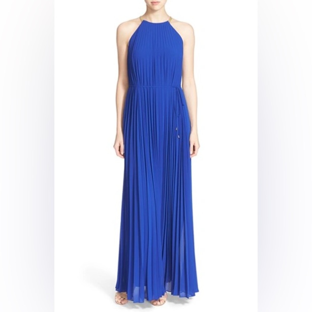 Ted Baker Cobalt Royal Blue Pleated Maxi Dress with Gold Detailing